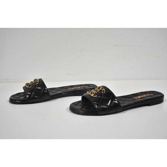 Chanel 23P Black Chain Gold CC Logo Quilted Mules Slide Sandal Slip On Flat 38 - Picture 10 of 12